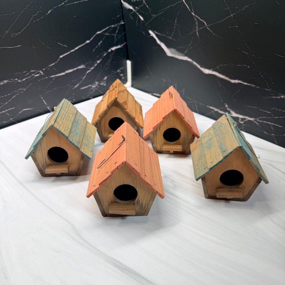 Set of 5 Rustic Wooden Birdhouse Ornaments Distressed Decorative Mini Houses